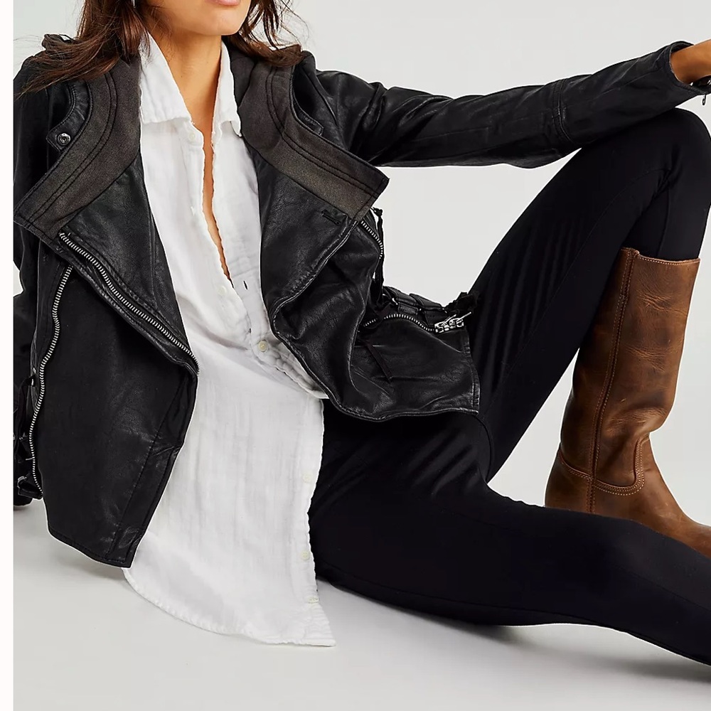 Free People Cleo Hooded Vegan Suede Moto Jacket Black faux leather